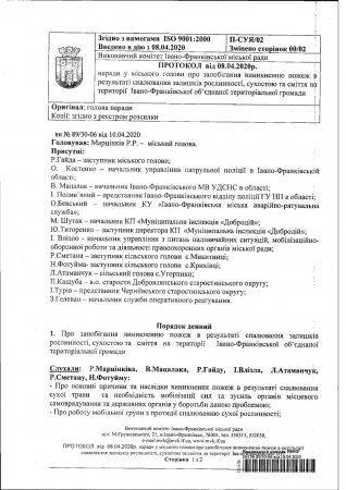 Протокол наради про запобіганню виникнення пожеж в результаті спалювання залишків рослинності...